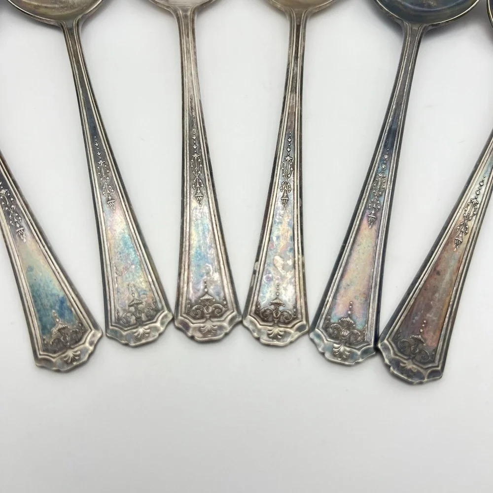 Oneida Community Tudor Silver Plated 6 Spoon Set Queen Bess Vintage Tarnished